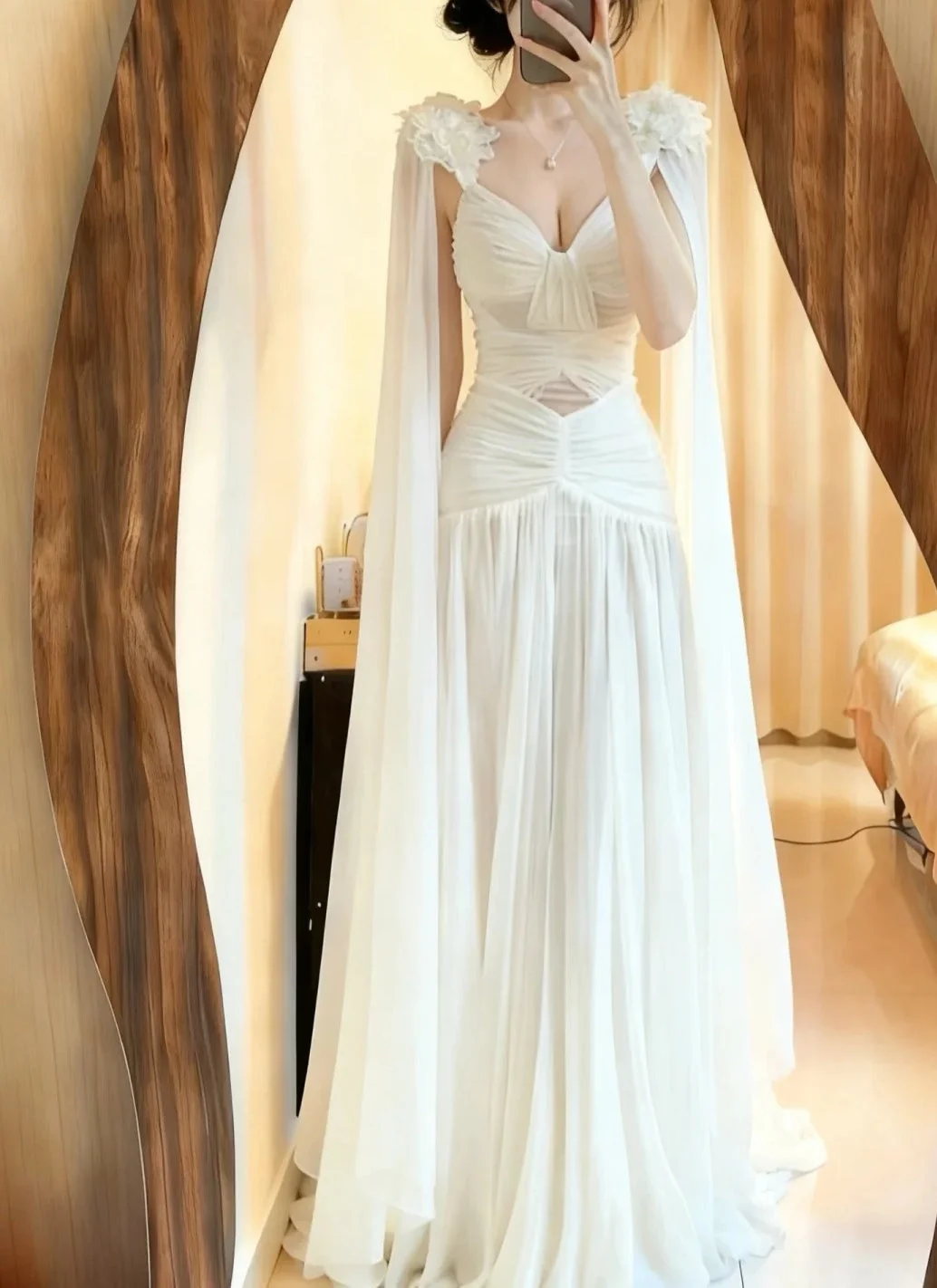 Elegant White V-neck Chiffon Appliques Long Party Dress Birthday Prom Gown SP3870