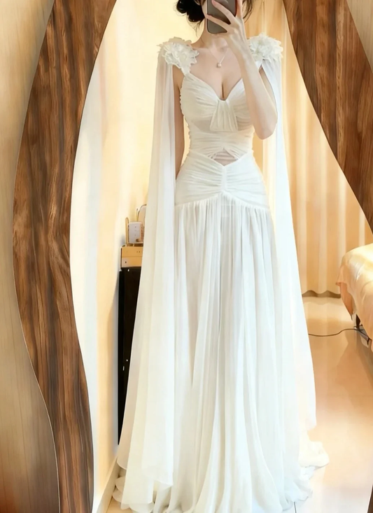 Elegant White V-neck Chiffon Appliques Long Party Dress Birthday Prom Gown SP3870