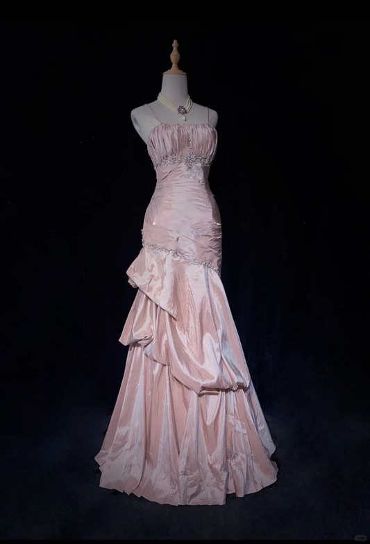 Gorgeous Spaghetti Straps Satin Pleated Beaded Evening Dress,Pink Mermaid Prom Dress Y8744