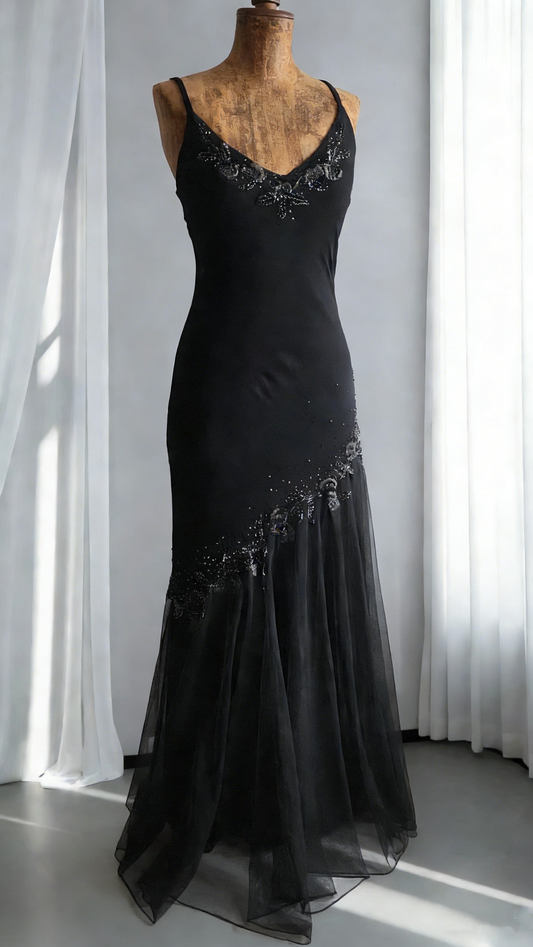 Elegant Spaghetti Straps Black V Neck Chiffon Beaded Mermaid Long Party Dress Formal Evening Dress SP1809