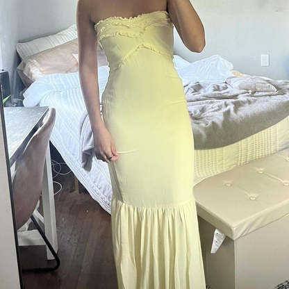 Cute Yellow Strapless Chiffon Ruffles Evening Dress Mermaid Prom Dress Y7896