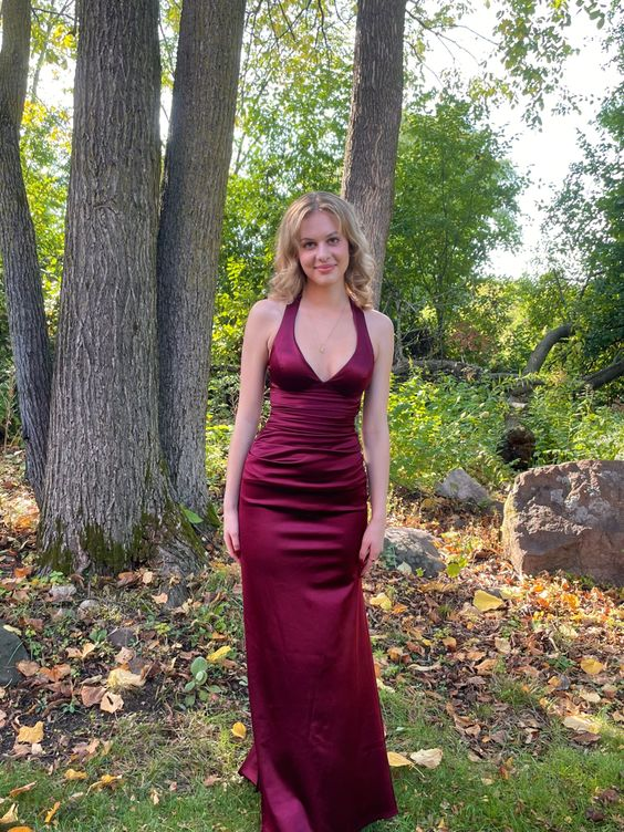 Simple Burgundy V Neck Long Party Dress Formal Prom Dress Y7537