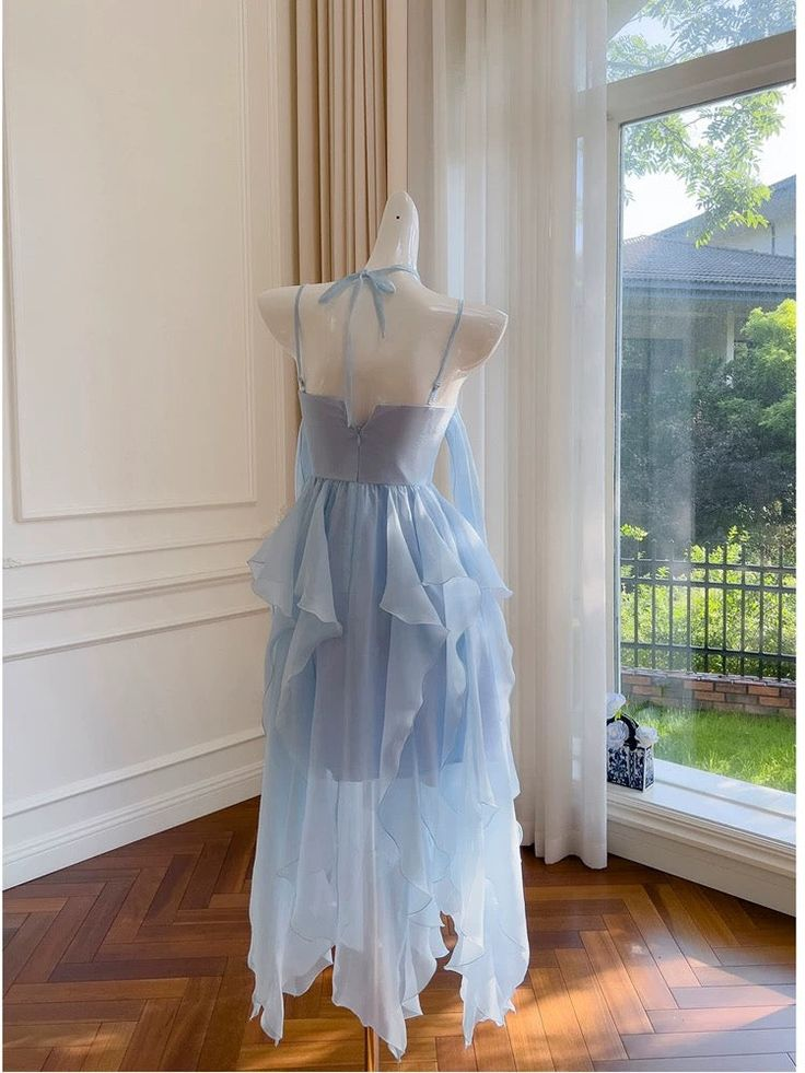 Elegant Spaghetti Straps Blue Chiffon Homecoming Dress Birthday Dress Y7573