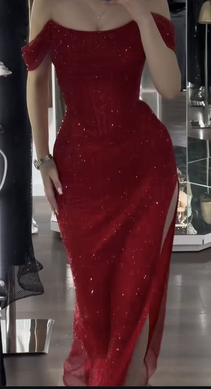Sparkly Off The Shoulder Red Sequin Slit Mermaid Long Party Dress Prom Gowns SP2166