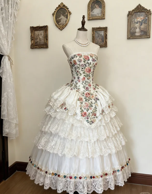 Vintage Strapless White Lace Satin Floral Beaded Layered Ball Gown Quinceanera Dress SP313