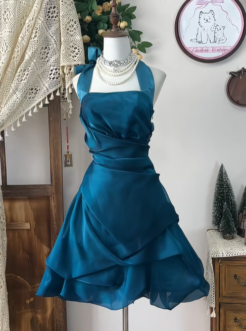Unique Peacock Blue Halter Pleated A Line Homecoming Dress Cocktail Dress Y8891