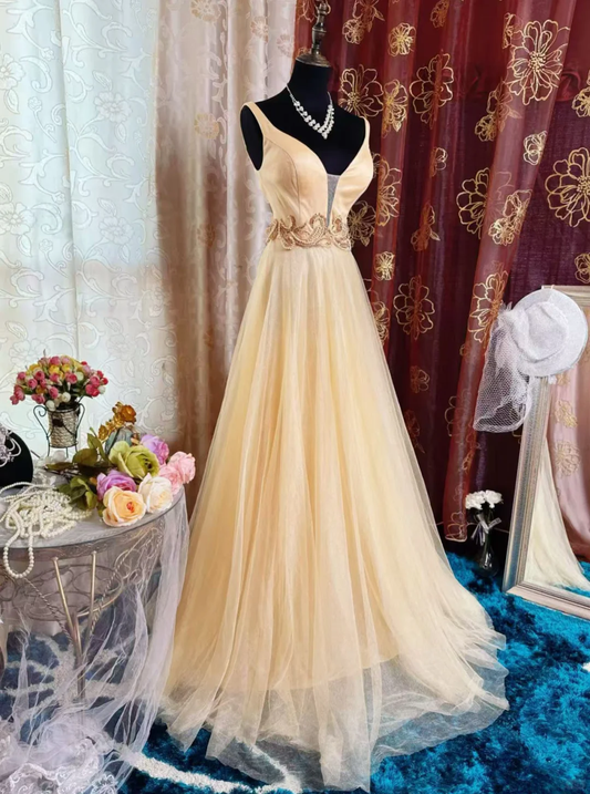 Retro Sleeveless Tulle Beaded A Line Long Wedding Guest Dress Formal Evening Dress SP2381