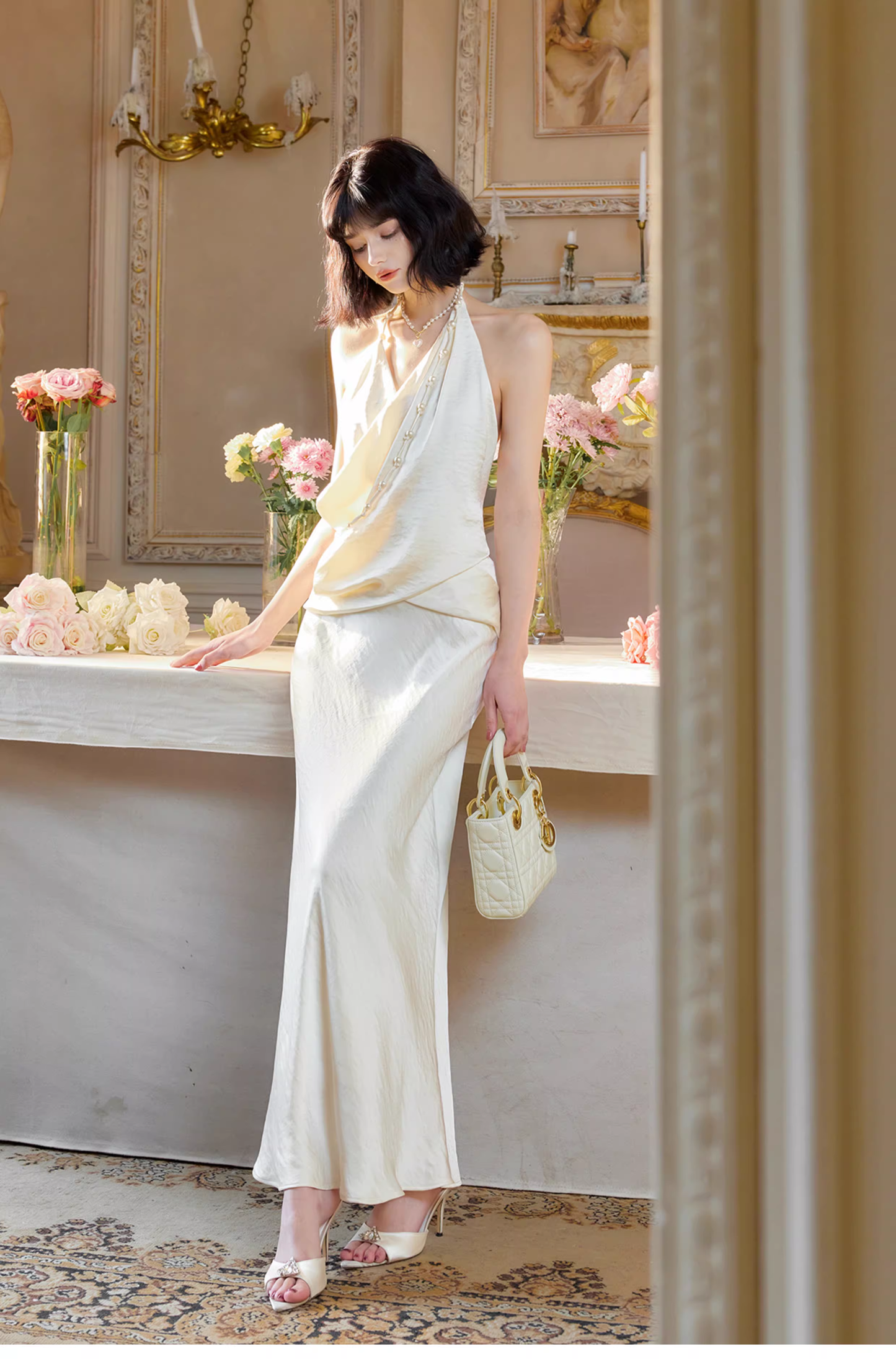 Stylish Halter V Neck Light Champagne Satin Mermaid Prom Dress Formal Birthday Party Gown SP1997