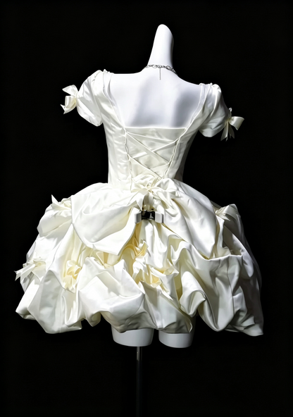 Glamorous Off White Satin Pleated Beaded Bow A Line Short Homecoming Dress,Mini 16th Birthday Outfits SP3195