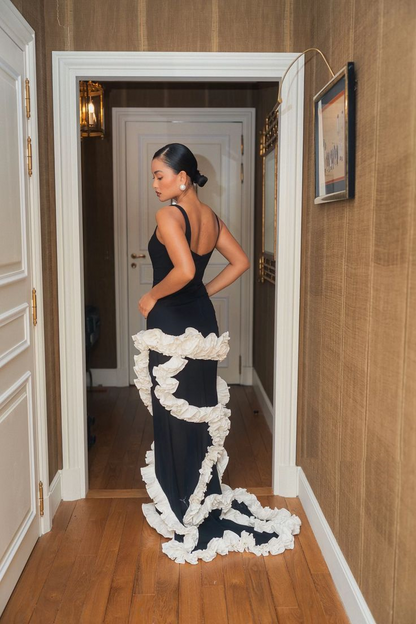 Elegant Black Satin Mermaid White Pleated Ruffle Long Party Dress Prom Dresses SP4007
