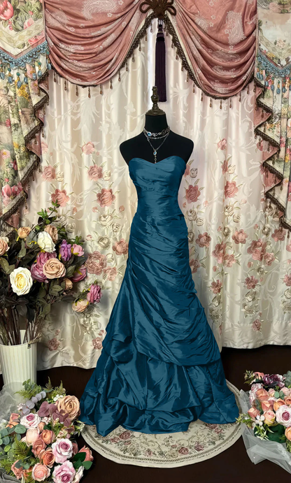 Stylish Strapless Red Satin Pleated Mermaid Evening Dress Long Birthday Prom Dresses SP942