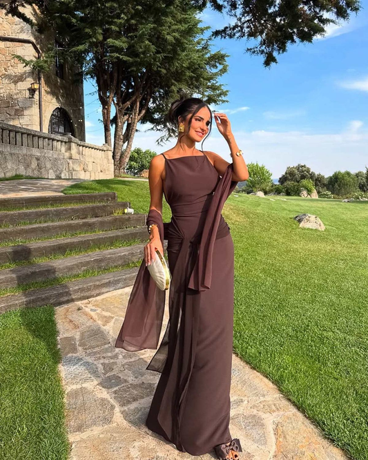 Classy Spaghetti Straps Brown Chiffon Sheath Long Evening Dress Formal Guest Dress With Ribbon SP276