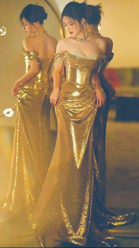 Sparkly Gold Sequin Beaded Evening Dress Off The Shoulder Mermaid Prom Dress Y8812