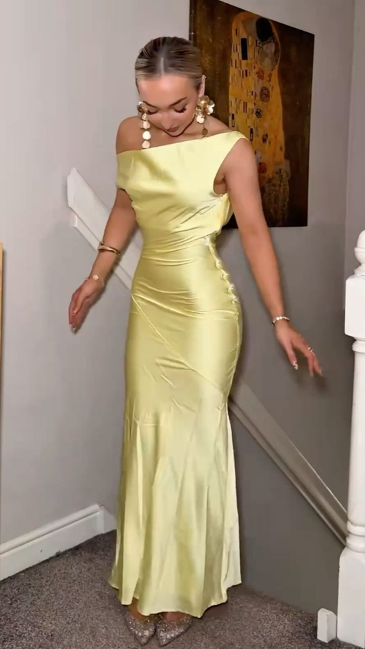 Cute Yellow Sleeveless Satin Mermaid Long Wedding Guest Dress Formal Birthday Party Dress SP2200