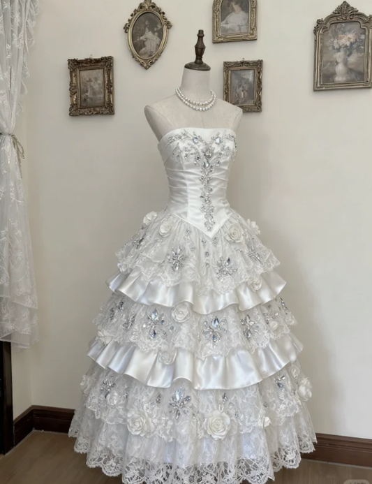 Pretty Strapless Tulle Lace Beaded Layered Ball Gown White Formal Quinceanera Dress SP312