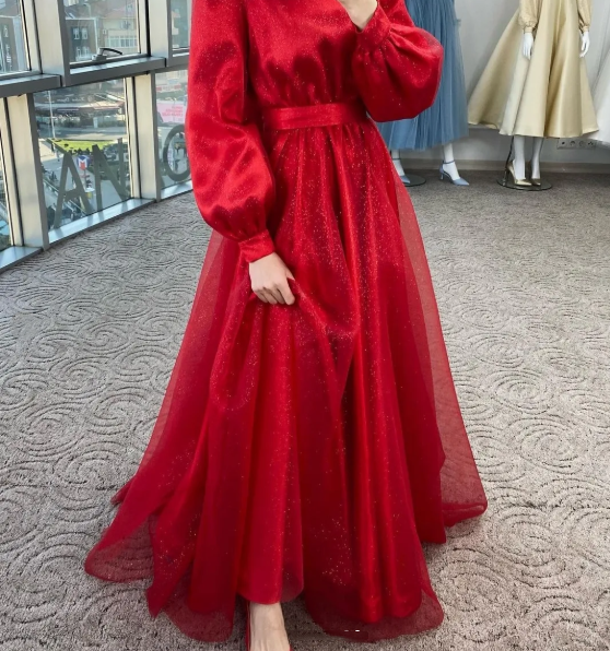 Modest A-line Navy Blue Tulle Long Sleeves Prom Dress,Muslim Dress  Y5848
