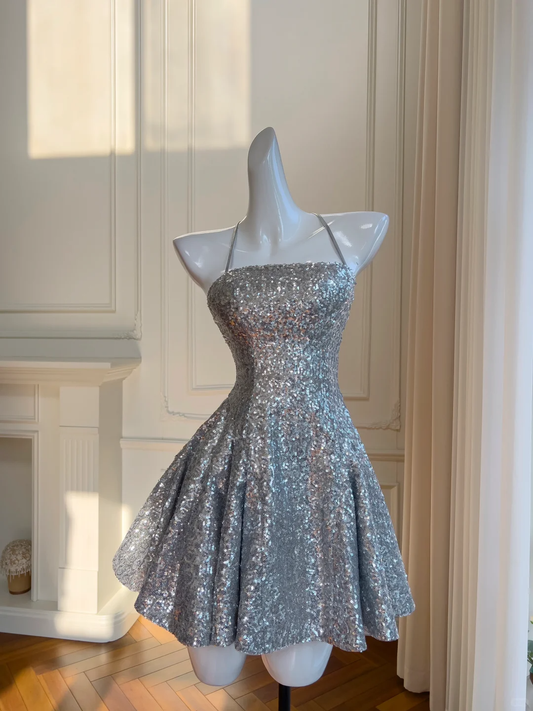 Vintage Sequin Halter A Line Cocktail Dress Mini Homecoming Dress Y8976