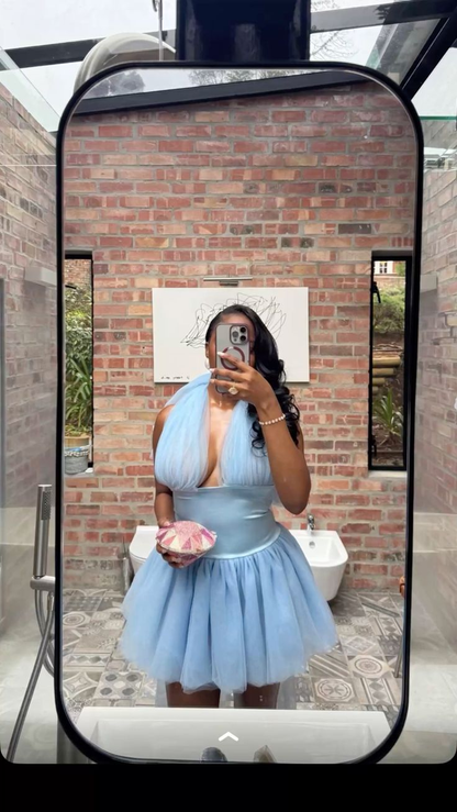 Elegant Halter Blue Satin Tulle Short Homecoming Dress Cocktail Dress SP3259