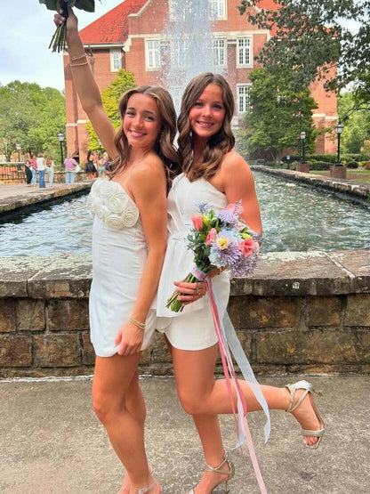 Elegant 3D Floral Strapless Satin Short Prom Dress,White Sheath Short Graduation Homecoming Dress SP3451
