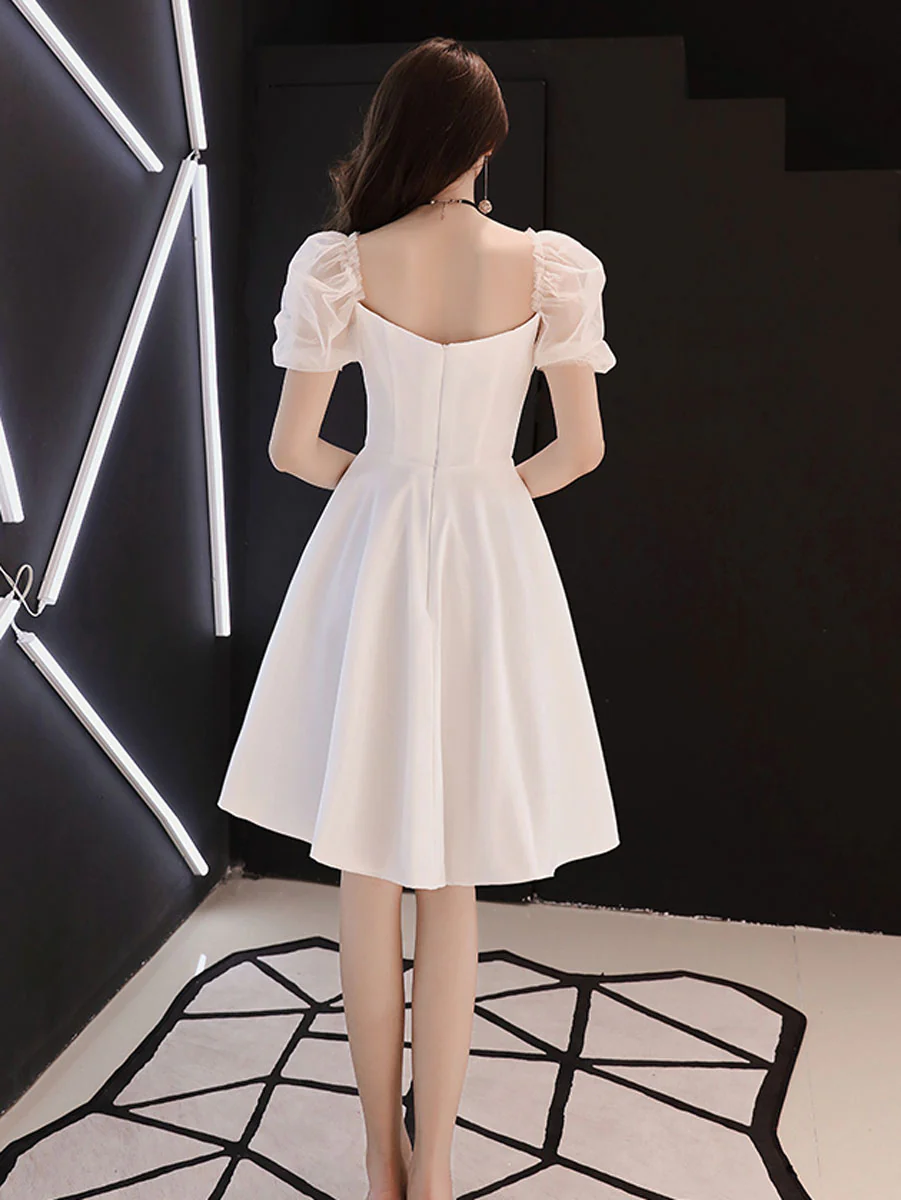 White Satin Short Prom Dress, White Homecoming Dress,Y2423