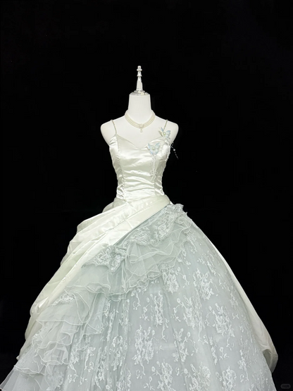 Pretty Spaghetti Straps Tulle Lace Satin Sweet 15 Dress Ice Blue Quinceanera Dress SP2214
