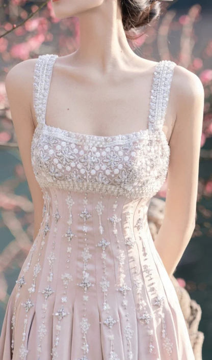 Luxury nude pink satin hand-beaded diamond homecoming dress Y4542