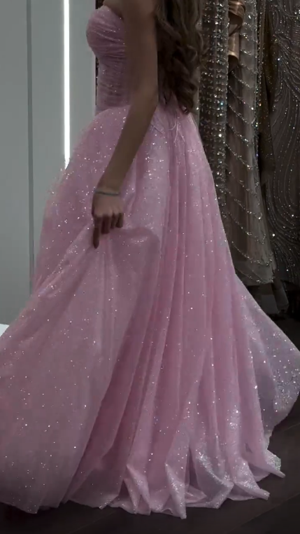 Shiny Sweetheart Neck Tulle Sequin A Line Long Wedding Guest Dress Pink Long Party Dress SP3742