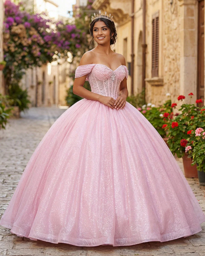 Glitter Off The Shoulder Pink Ball Gown,Pink Sweet 16 Dress,Pink Princess Dress  Y7002