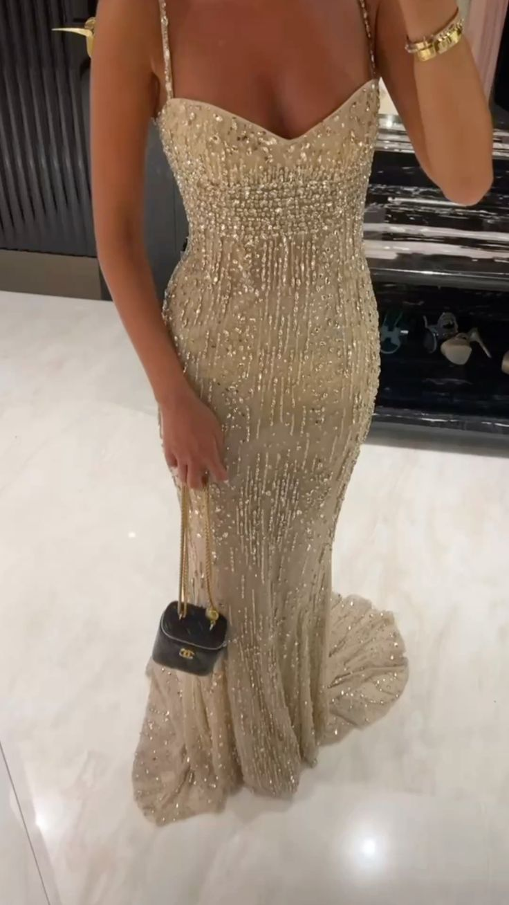 Gorgeous Champagne Spaghetti Straps Sequin Beaded Mermaid Evening Dress Prom Dresses SP795
