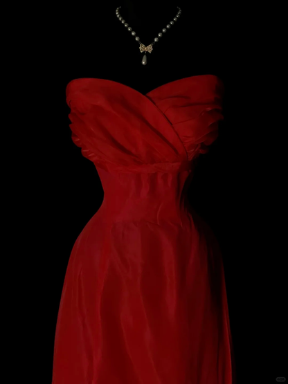 Pretty Red Strapless Satin Mermaid Long Party Dress Birthday Prom Dress SP4074