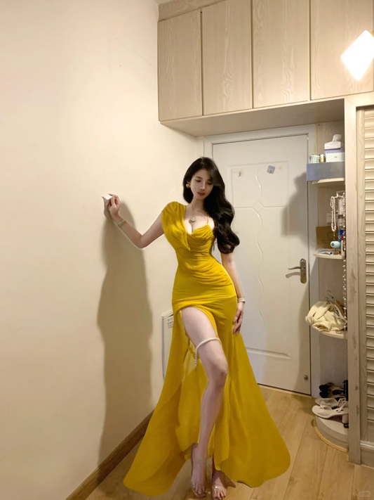 Sexy Mermaid Slit Yellow Chiffon Long Prom Gown Party Dress  SP299