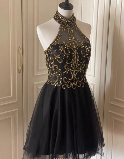 Fashion Halter Black Tulle Beaded A Line Cocktail Dress Formal Homecoming Dress Y9052