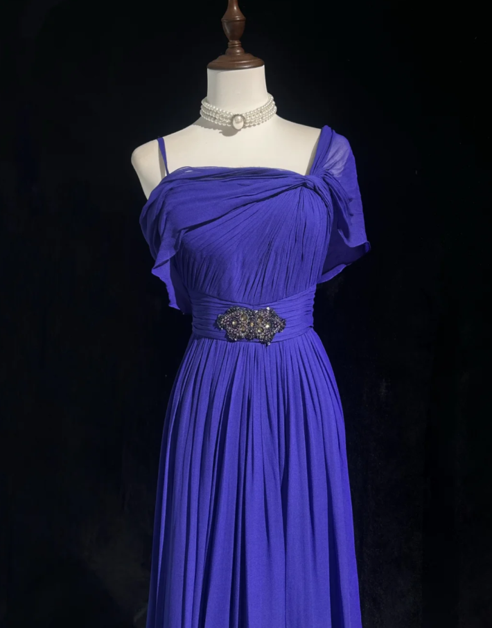 Classy Purple Spaghetti Straps Chiffon Pleated Beaded Long Party Dress Formal Wedding Guest Dress SP1865