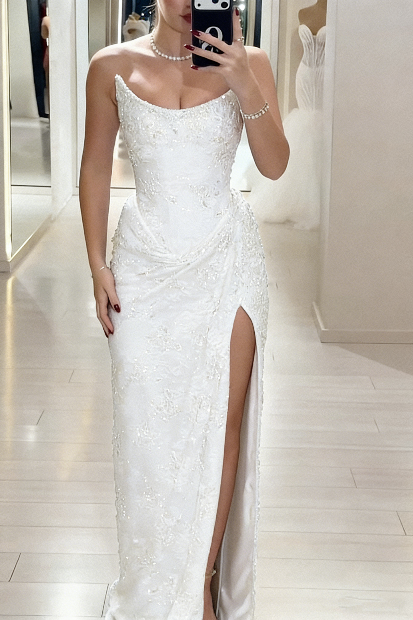 Elegant Strapless Brown Lace Slit Mermaid Prom Dress Long Party Dress SP1350