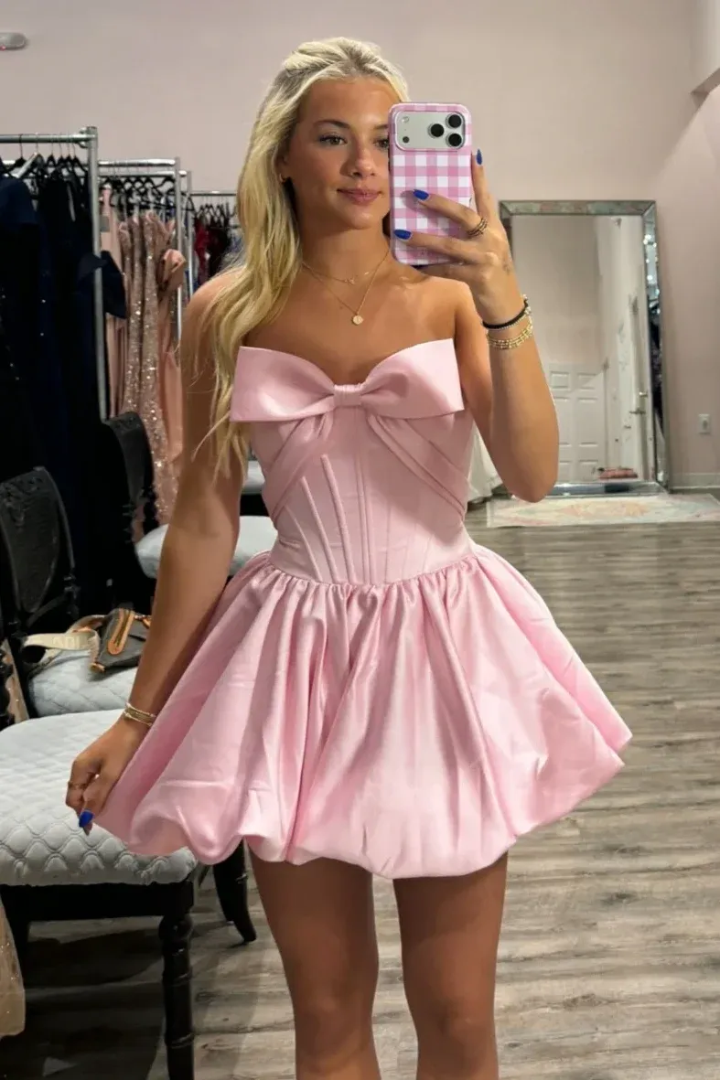 Elegant Bow Strapless A-Line Satin Empire Short Homecoming Dress Pink Short 16th Birthday Outfits SP3611