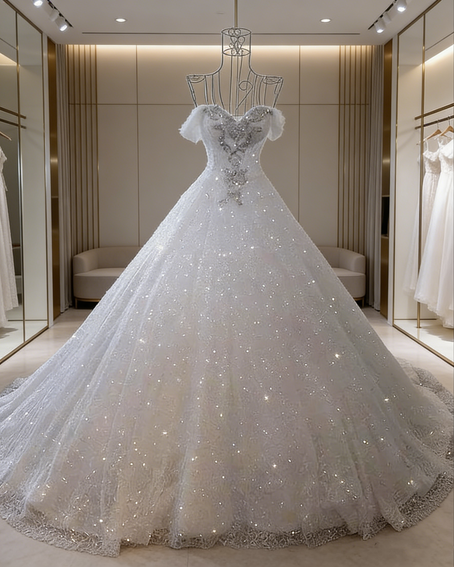 Off The Shoulder White Wedding Dress Shiny Evening Dress Y48