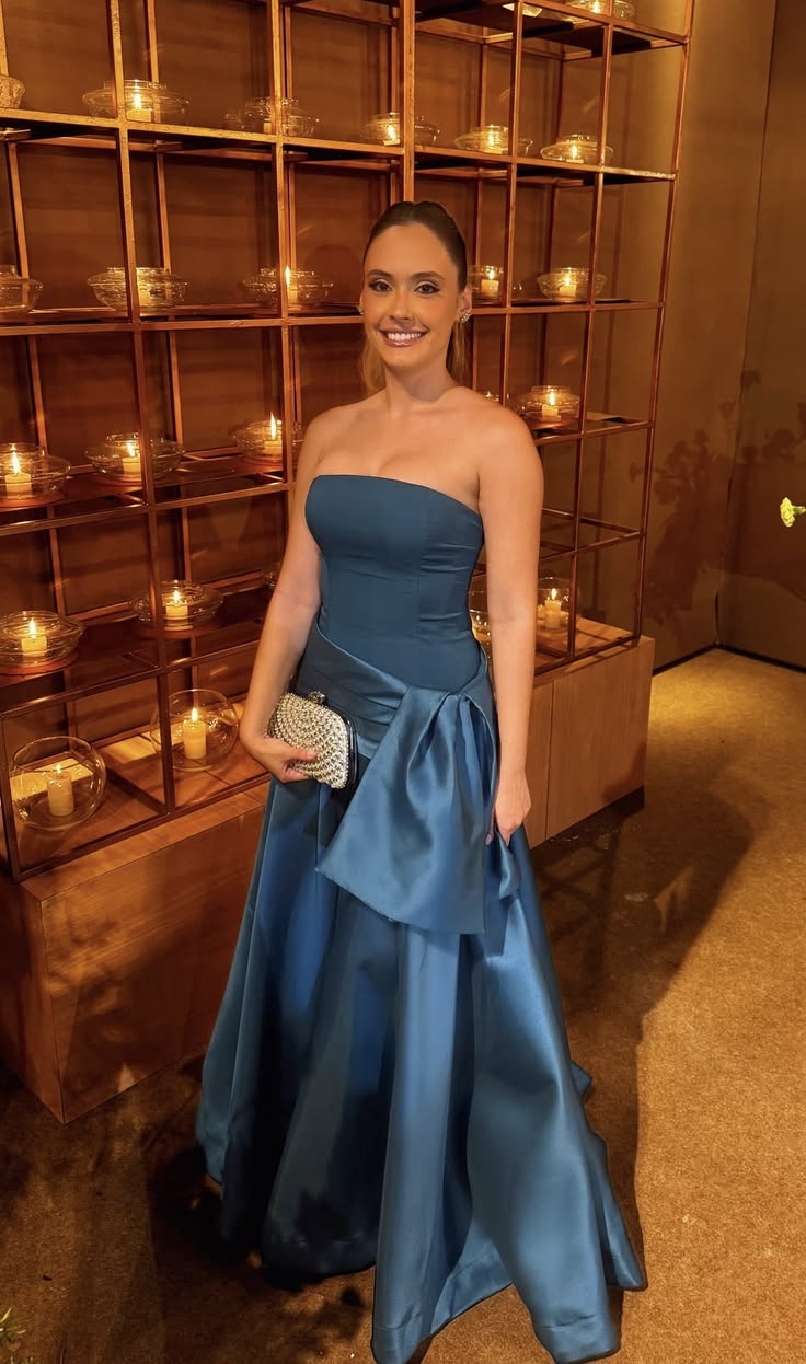 Classy Strapless Satin Long Wedding Guest Dress Blue Long Party Dress SP4003