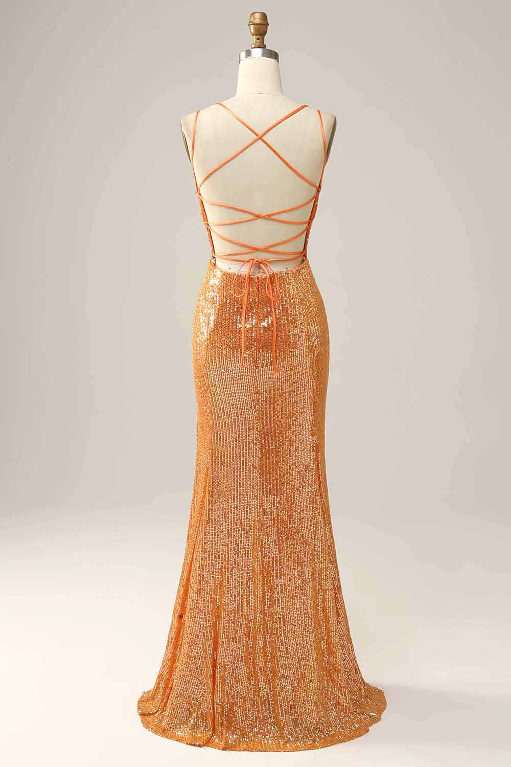 Orange Sequined Backless Mermaid Prom Dress Y2974