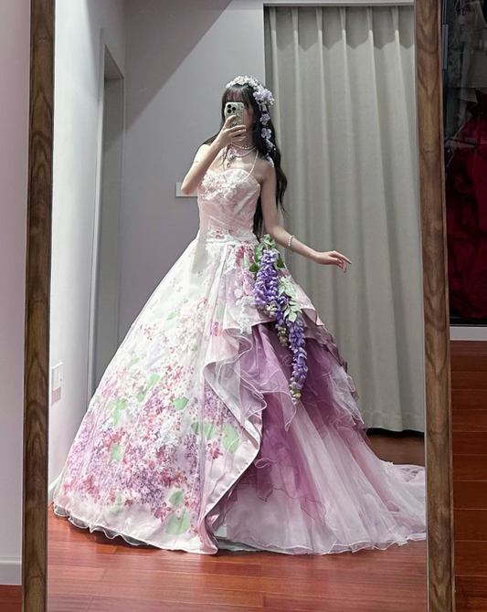 Sweet Strapless Satin Print Floral Long Ball Gown Pink Quinceanera Dress SP1187