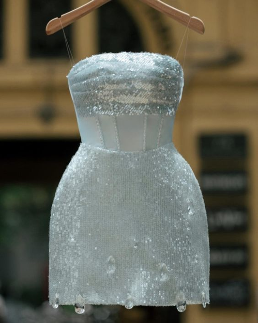 Pretty Blue Sequin Beaded Mini Homecoming Dress Strapless Cocktail Dress Y8961