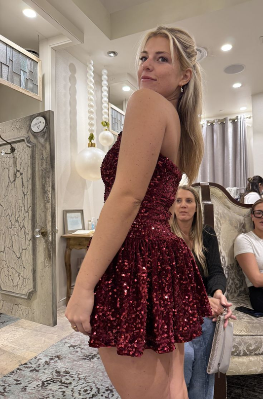 Elegant Burgundy Sequin A Line Short 9th Grade Homecoming Dress,Strapless Mini Birthday Dress SP2884