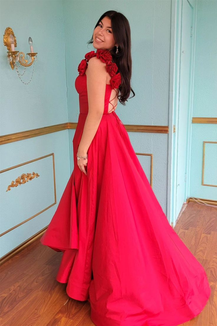 Red Floral Straps A-line Satin Long Prom Dress with Slit Y5683