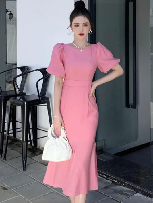 Classy Pink Puff Sleeves Mid-length Prom Dress,Pink Evening Dress  Y7113