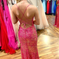 Hot Pink Mermaid Lace-Up Back Scoop Neck Long Prom Dress with Slit Y7006