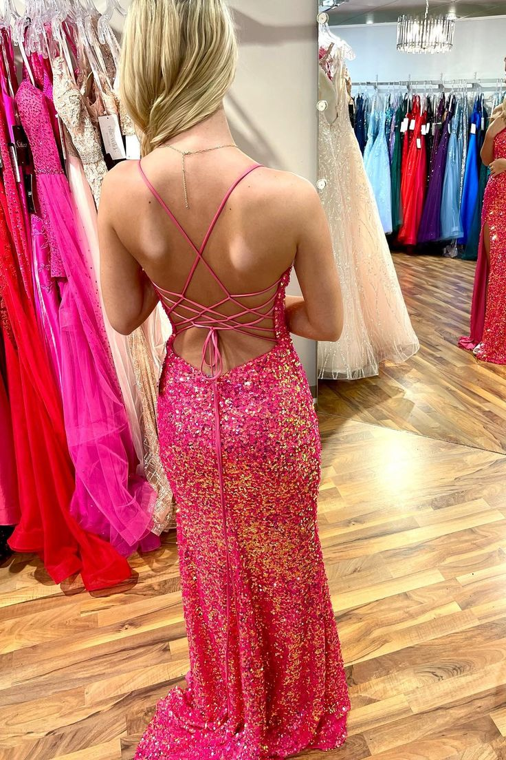 Hot Pink Mermaid Lace-Up Back Scoop Neck Long Prom Dress with Slit Y7006