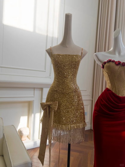 Glitter Gold Spaghetti Straps Sequins Beaded Cocktail Dress Short Graduation Homecoming Dress Y9050