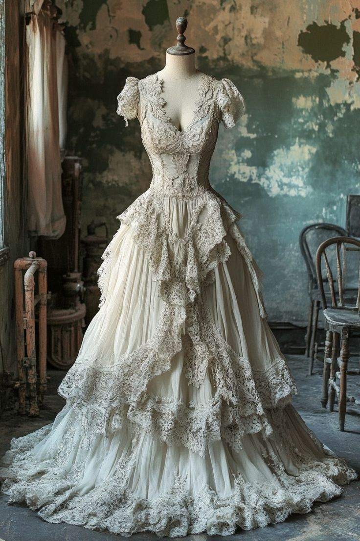 Vintage Ivory Lace Chiffon Ball Gown，Long A Line Wedding Dress Y8029