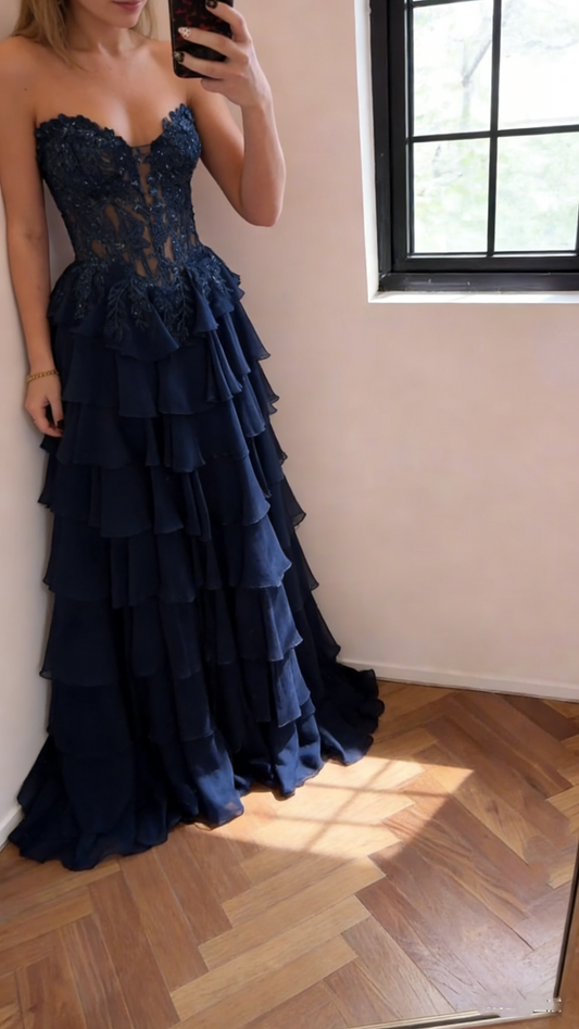 Gorgeous Strapless Navy Blue Chiffon Layered Long Party Dress Birthday Prom Dress With Appliques SP1673