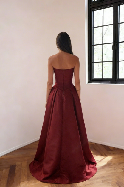 Classy Burgundy Strapless Satin Pleated Long Evening Dress Formal Wedding Guest Dress SP1732