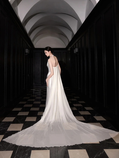 Classy White Satin Chiffon Mermaid Strapless Long Wedding Dress Y8591